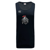 Stay cool during workouts in the Birmingham Iron Women's Football Tempo Vapodri Singlet by WRS Canterbury—a sleeveless black jersey featuring VapoDri moisture-wicking fabric, a central knight and sword graphic, and Canterbury logo on the right chest.
