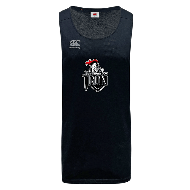 Stay cool during workouts in the Birmingham Iron Women's Football Tempo Vapodri Singlet by WRS Canterbury—a sleeveless black jersey featuring VapoDri moisture-wicking fabric, a central knight and sword graphic, and Canterbury logo on the right chest.