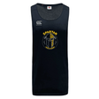 The Spartan Youth Rugby Tempo Vapodri Singlet by WRS Canterbury is a black sleeveless jersey made from recycled polyester, featuring a white Canterbury logo and a yellow "Spartan Youth Rugby" helmet emblem on the front.