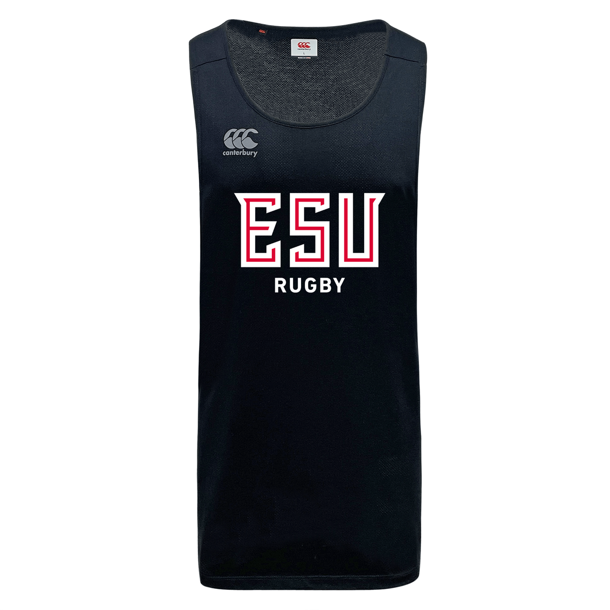 East Stroudsburg University Tempo Vapodri Singlet by WRS Canterbury—black, sleeveless, made from recycled polyester with “ESU RUGBY” chest print and Canterbury logo. Ideal as a workout tank.