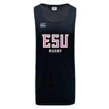 East Stroudsburg University Tempo Vapodri Singlet by WRS Canterbury—black, sleeveless, made from recycled polyester with “ESU RUGBY” chest print and Canterbury logo. Ideal as a workout tank.