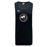 The Society of Iowa Rugby Referees Tempo Vapodri Singlet by WRS Canterbury is a sleeveless black athletic tank top, crafted from recycled polyester singlet material. It features a circular floral crest with pink flowers and green leaves in the center, and the white Canterbury logo on the upper left chest.