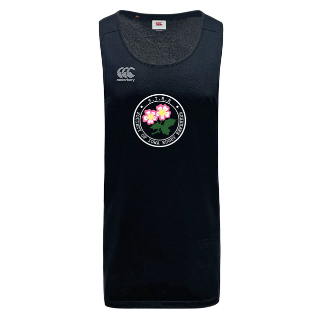 The Society of Iowa Rugby Referees Tempo Vapodri Singlet by WRS Canterbury is a sleeveless black athletic tank top, crafted from recycled polyester singlet material. It features a circular floral crest with pink flowers and green leaves in the center, and the white Canterbury logo on the upper left chest.