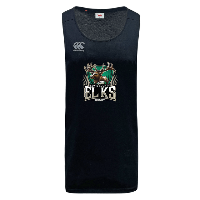 Presenting the Lewis County Elks Tempo Vapodri Singlet by Canterbury—a black rugby tank top from WRS Canterbury featuring the iconic Canterbury logo alongside a striking Lewis County Elks Rugby emblem with an elk head and antlers on the chest. Expertly crafted from recycled polyester and equipped with cutting-edge VapoDri technology, this singlet delivers outstanding comfort and moisture management for peak performance both on and off the field.
