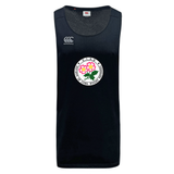 The Society of Iowa Rugby Referees Tempo Vapodri Singlet by Canterbury is a sleeveless black athletic jersey by WRS Canterbury, made from recycled polyester and equipped with VapoDri technology for cooling comfort during every match. It features the Canterbury logo on the right chest and a circular Iowa Rugby badge with pink flowers prominently displayed on the center front.