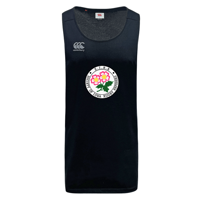The Society of Iowa Rugby Referees Tempo Vapodri Singlet by Canterbury is a sleeveless black athletic jersey by WRS Canterbury, made from recycled polyester and equipped with VapoDri technology for cooling comfort during every match. It features the Canterbury logo on the right chest and a circular Iowa Rugby badge with pink flowers prominently displayed on the center front.