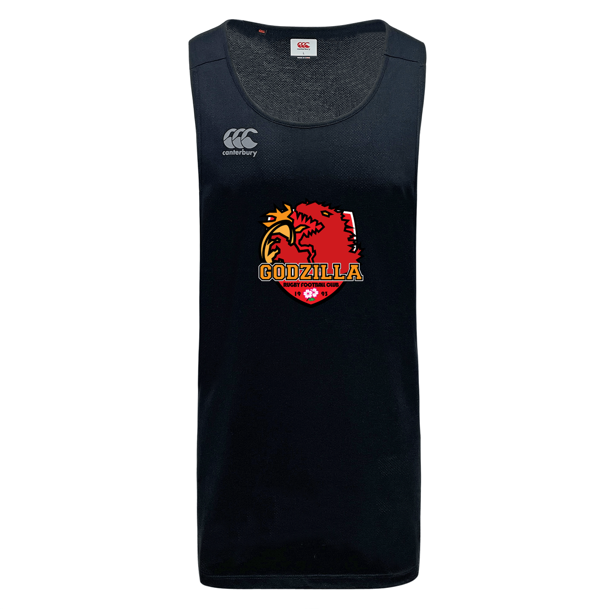 The Godzilla Rugby Football Club Tempo Vapodri Singlet by WRS Canterbury is a sleeveless black athletic tank top crafted from recycled polyester, featuring a red and yellow Godzilla graphic and “GODZILLA” text on the chest, with a white Canterbury logo on the upper left. Designed in the classic CCC Tempo Singlet style for superior comfort.