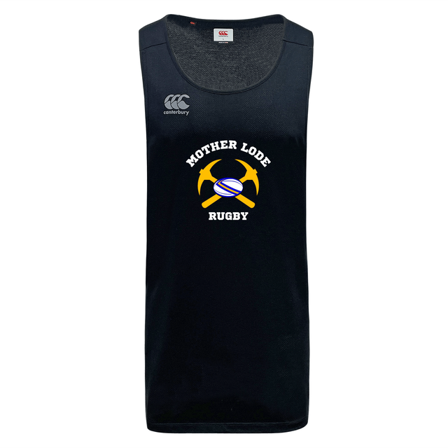 Black moisture-wicking Mother Lode Tempo Vapodri Singlet featuring a graphic of two crossed yellow pickaxes with a rugby ball in the center and the text “MOTHER LODE RUGBY.”