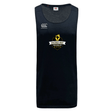 The Chicago Riot Tempo Vapodri Singlet by WRS Canterbury is a black sleeveless athletic jersey with VapoDri technology, featuring the Canterbury logo on the right chest and a gold Chicago Riot Rugby crest on the front.