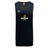 The Chicago Riot Tempo Vapodri Singlet by WRS Canterbury is a black sleeveless athletic jersey with VapoDri technology, featuring the Canterbury logo on the right chest and a gold Chicago Riot Rugby crest on the front.