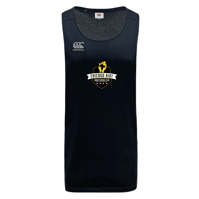 The Chicago Riot Tempo Vapodri Singlet by WRS Canterbury is a black sleeveless athletic jersey with VapoDri technology, featuring the Canterbury logo on the right chest and a gold Chicago Riot Rugby crest on the front.