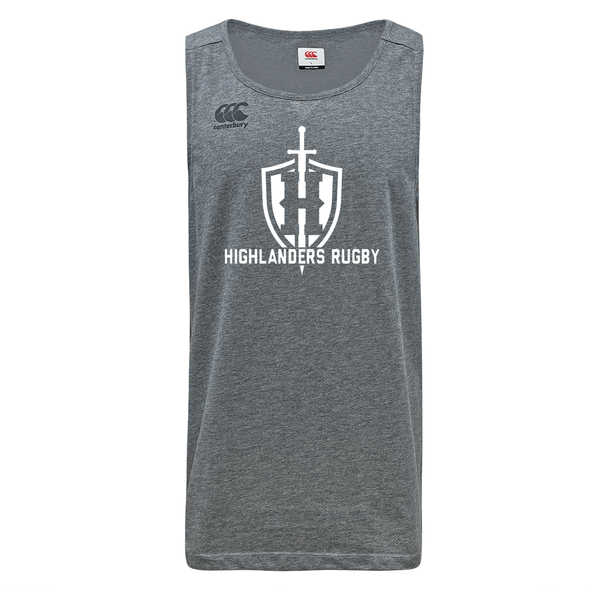 Gray Highlanders Rugby NC Tempo Vapodri Singlet by WRS Canterbury with "Highlanders Rugby" text and a sword and shield logo on the front. Made from recycled polyester, this singlet incorporates VapoDri technology to keep you cool and comfortable.