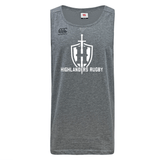 Gray Highlanders Rugby NC Tempo Vapodri Singlet by WRS Canterbury with "Highlanders Rugby" text and a sword and shield logo on the front. Made from recycled polyester, this singlet incorporates VapoDri technology to keep you cool and comfortable.