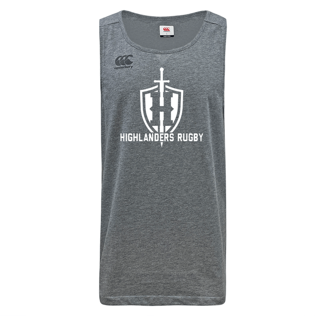 Gray Highlanders Rugby NC Tempo Vapodri Singlet by WRS Canterbury with "Highlanders Rugby" text and a sword and shield logo on the front. Made from recycled polyester, this singlet incorporates VapoDri technology to keep you cool and comfortable.