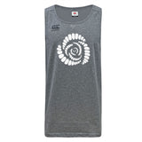 The Missoula All-Maggots Tempo Vapodri Singlet by Canterbury is a gray sleeveless top with a white spiral design on the chest and a small Canterbury logo on the upper left, made from recycled polyester singlet material and featuring moisture-wicking VapoDri technology for enhanced comfort.