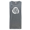 The Missoula All-Maggots Tempo Vapodri Singlet by Canterbury is a gray sleeveless top with a white spiral design on the chest and a small Canterbury logo on the upper left, made from recycled polyester singlet material and featuring moisture-wicking VapoDri technology for enhanced comfort.