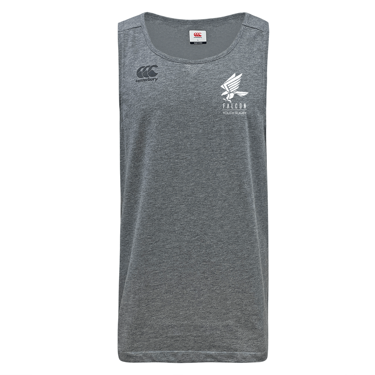 The Falcon Youth Rugby Embroidered Tempo Vapodri Singlet by EMB Canterbury is a gray recycled polyester sleeveless shirt. It features VapoDri technology, "FALCON" and a logo on the right chest, a small emblem on the left shoulder, and Canterbury branding for an authentic athletic look.