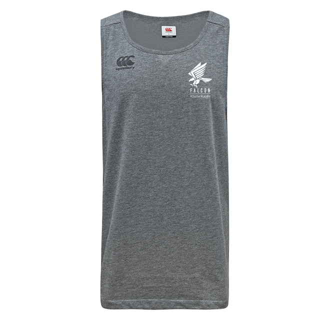 The Falcon Youth Rugby Embroidered Tempo Vapodri Singlet by EMB Canterbury is a gray recycled polyester sleeveless shirt. It features VapoDri technology, "FALCON" and a logo on the right chest, a small emblem on the left shoulder, and Canterbury branding for an authentic athletic look.