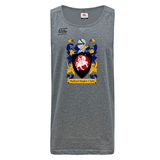 The CenCal Youth Bullard Tempo Vapodri Singlet by Canterbury, offered by WRS Canterbury, is a gray sleeveless shirt made from recycled polyester. It features a colorful coat of arms with a red lion and blue and gold floral designs, accompanied by the text "Bullard Rugby Club." This singlet is enhanced with VapoDri technology for superior comfort.