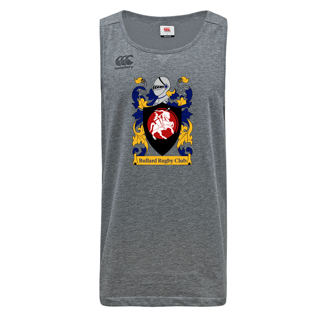The CenCal Youth Bullard Tempo Vapodri Singlet by Canterbury, offered by WRS Canterbury, is a gray sleeveless shirt made from recycled polyester. It features a colorful coat of arms with a red lion and blue and gold floral designs, accompanied by the text "Bullard Rugby Club." This singlet is enhanced with VapoDri technology for superior comfort.