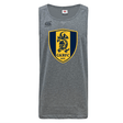 The Gotham Knights Tempo Vapodri Singlet by Canterbury from WRS Canterbury is a gray sleeveless shirt featuring a yellow and blue crest with a lion and the "GKRFC NYC" text. It includes Canterbury branding in the top left corner and is made from recycled polyester, incorporating VapoDri technology for enhanced performance and comfort.