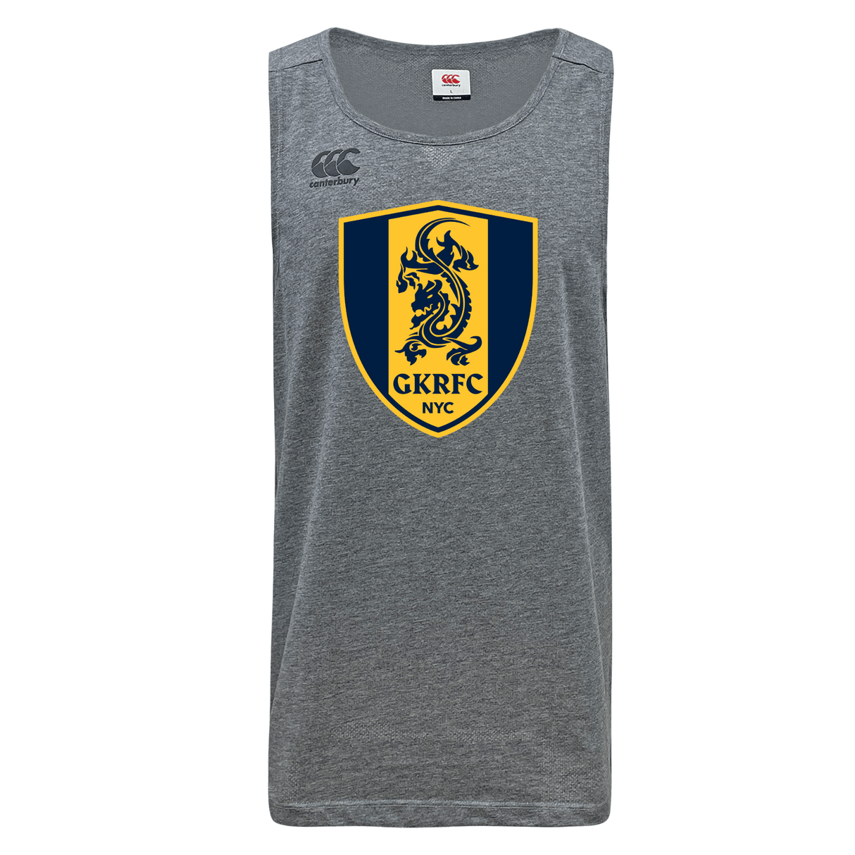 The Gotham Knights Tempo Vapodri Singlet by Canterbury from WRS Canterbury is a gray sleeveless shirt featuring a yellow and blue crest with a lion and the "GKRFC NYC" text. It includes Canterbury branding in the top left corner and is made from recycled polyester, incorporating VapoDri technology for enhanced performance and comfort.