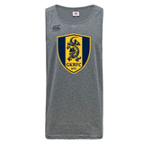 The Gotham Knights Tempo Vapodri Singlet by Canterbury from WRS Canterbury is a gray sleeveless shirt featuring a yellow and blue crest with a lion and the "GKRFC NYC" text. It includes Canterbury branding in the top left corner and is made from recycled polyester, incorporating VapoDri technology for enhanced performance and comfort.