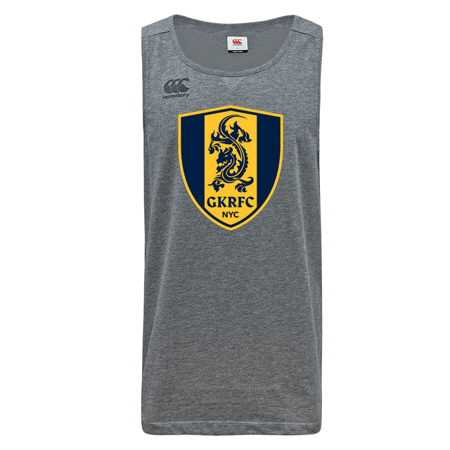 The Gotham Knights Tempo Vapodri Singlet by Canterbury from WRS Canterbury is a gray sleeveless shirt featuring a yellow and blue crest with a lion and the "GKRFC NYC" text. It includes Canterbury branding in the top left corner and is made from recycled polyester, incorporating VapoDri technology for enhanced performance and comfort.
