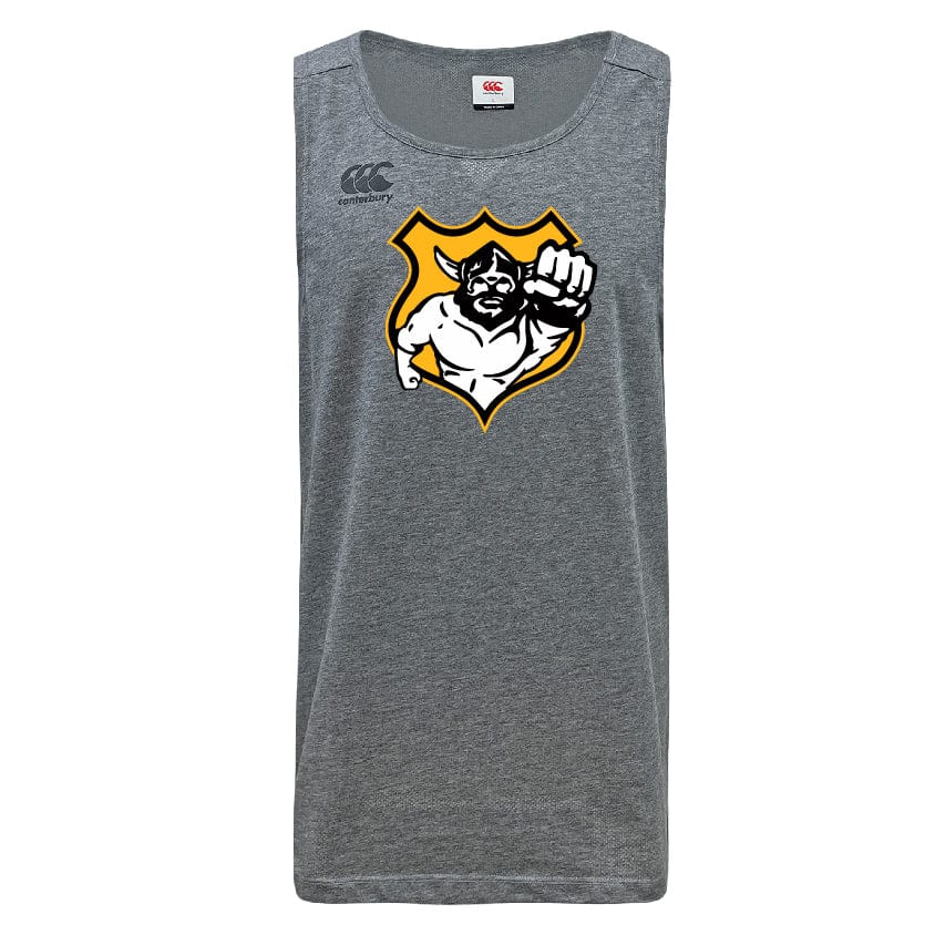 The Seattle Vikings Rugby Tempo Vapodri Singlet by WRS Canterbury is a gray tank top made from recycled polyester, adorned with a logo depicting a muscular figure inside a yellow-bordered shield. This moisture-wicking piece, designed with VapoDri technology, ensures comfort during intense workouts.