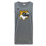 The Seattle Vikings Rugby Tempo Vapodri Singlet by WRS Canterbury is a gray tank top made from recycled polyester, adorned with a logo depicting a muscular figure inside a yellow-bordered shield. This moisture-wicking piece, designed with VapoDri technology, ensures comfort during intense workouts.