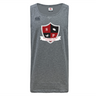 The Southern Pines Youth Rugby Tempo Vapodri Singlet by WRS Canterbury is a gray tank top made from recycled polyester, featuring the "Southern Pines Youth Rugby" crest with a shield, red and black sections, letters "S" and "P," a ram, and a ball. Experience comfort with advanced VapoDri technology.