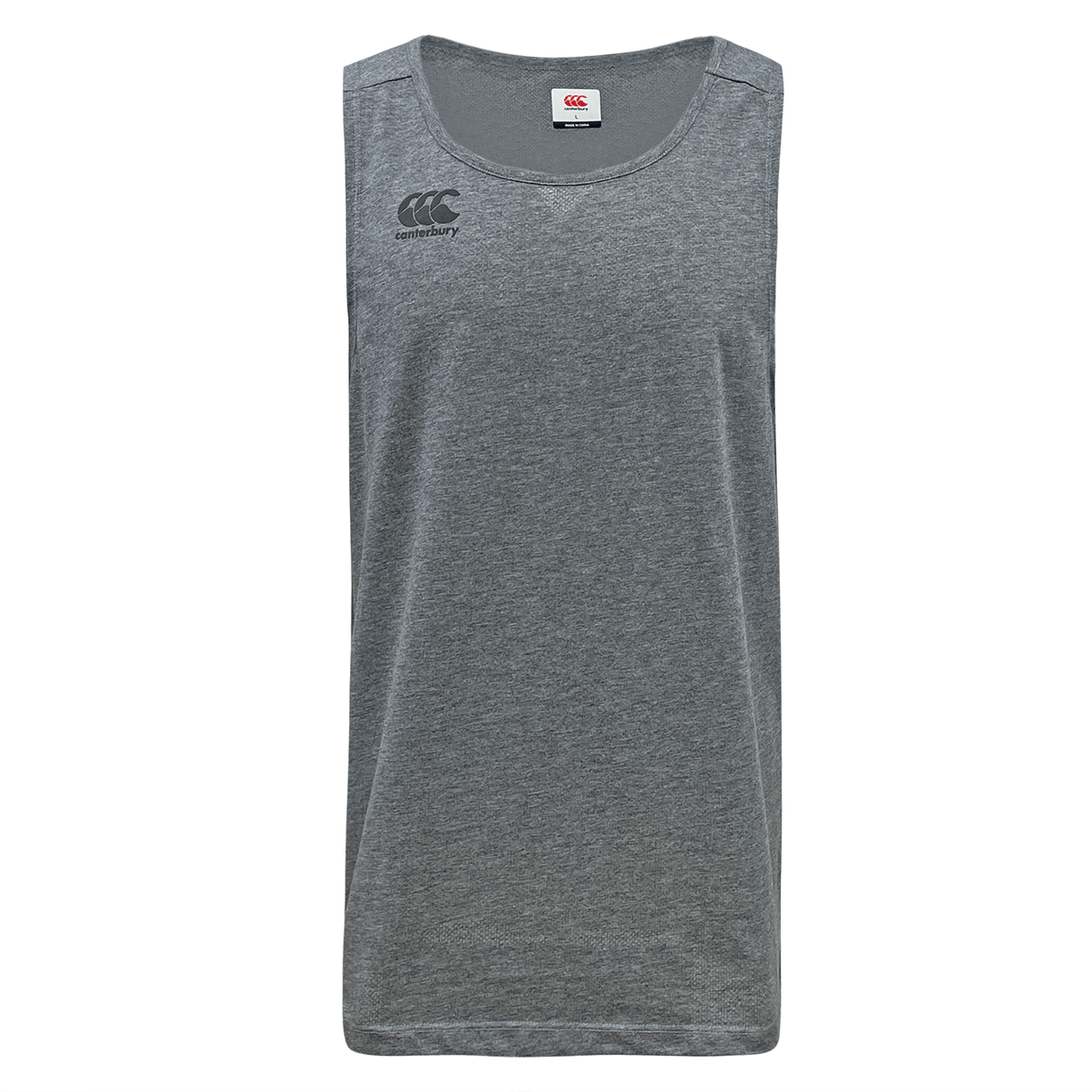 A Canterbury Tempo Vapodri Singlet tank top with an embroidered logo, made from recycled polyester.