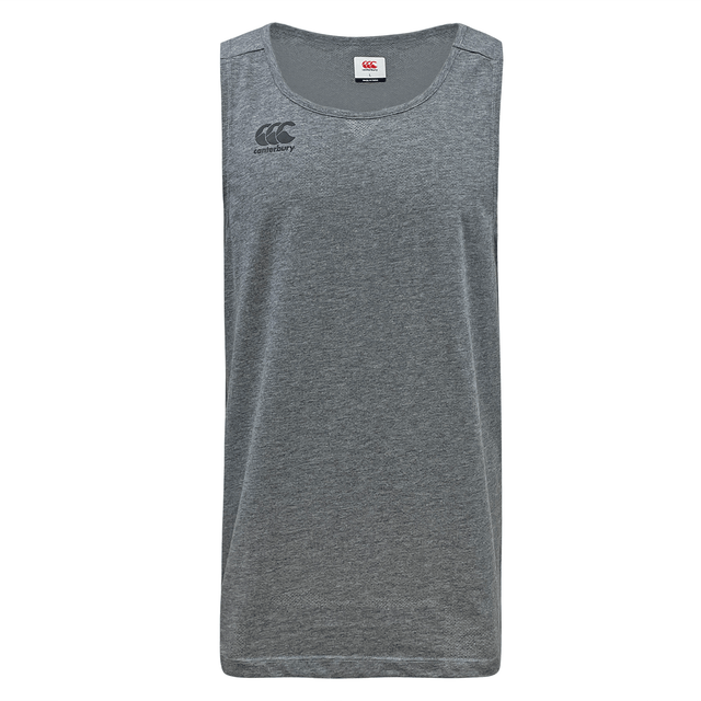 A Canterbury Tempo Vapodri Singlet tank top with an embroidered logo, made from recycled polyester.