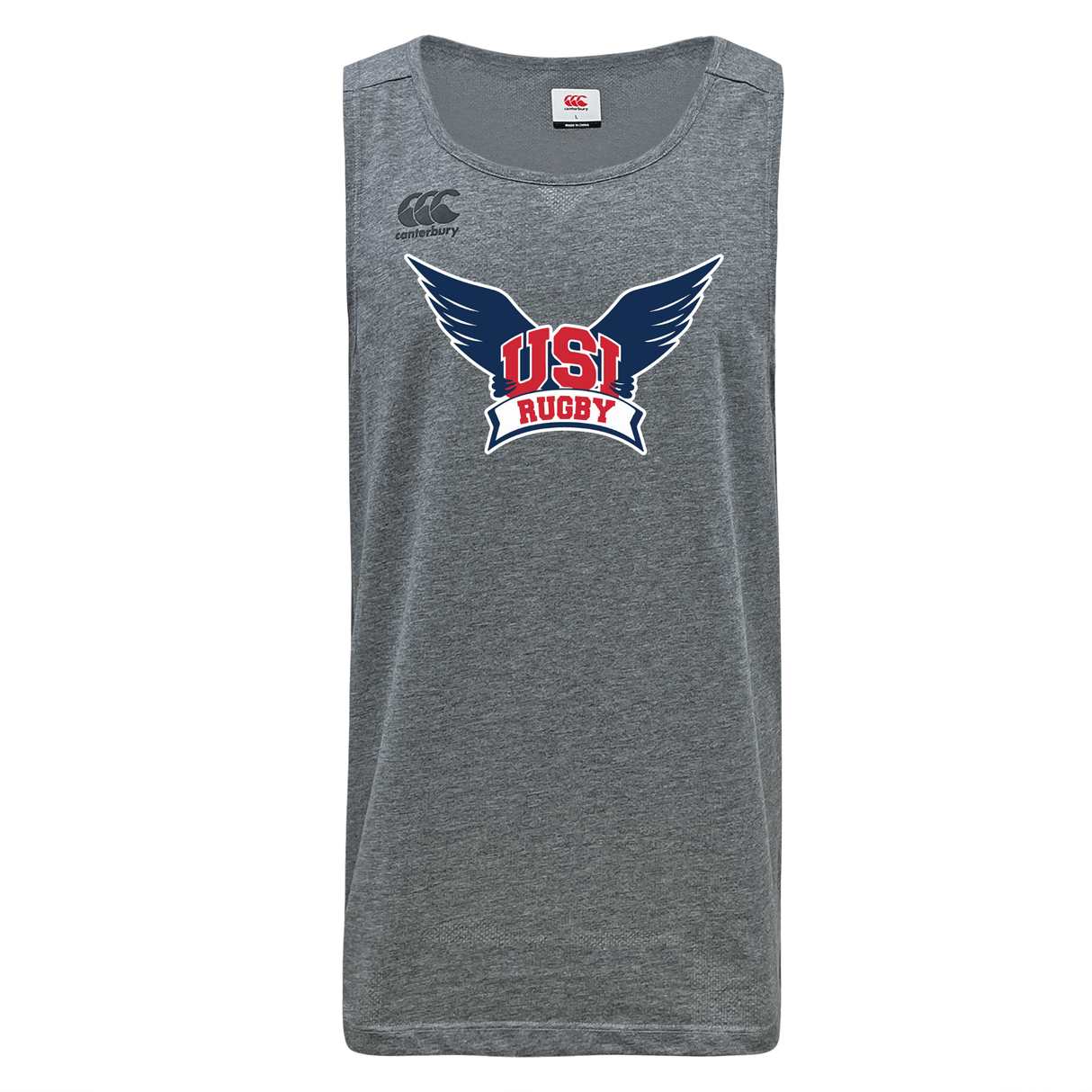 University of Southern Indiana Tempo Vapodri Singlet by WRS Canterbury, featuring "USI Rugby" and an eagle emblem on the front, made from recycled polyester with VapoDri technology for ultimate comfort.