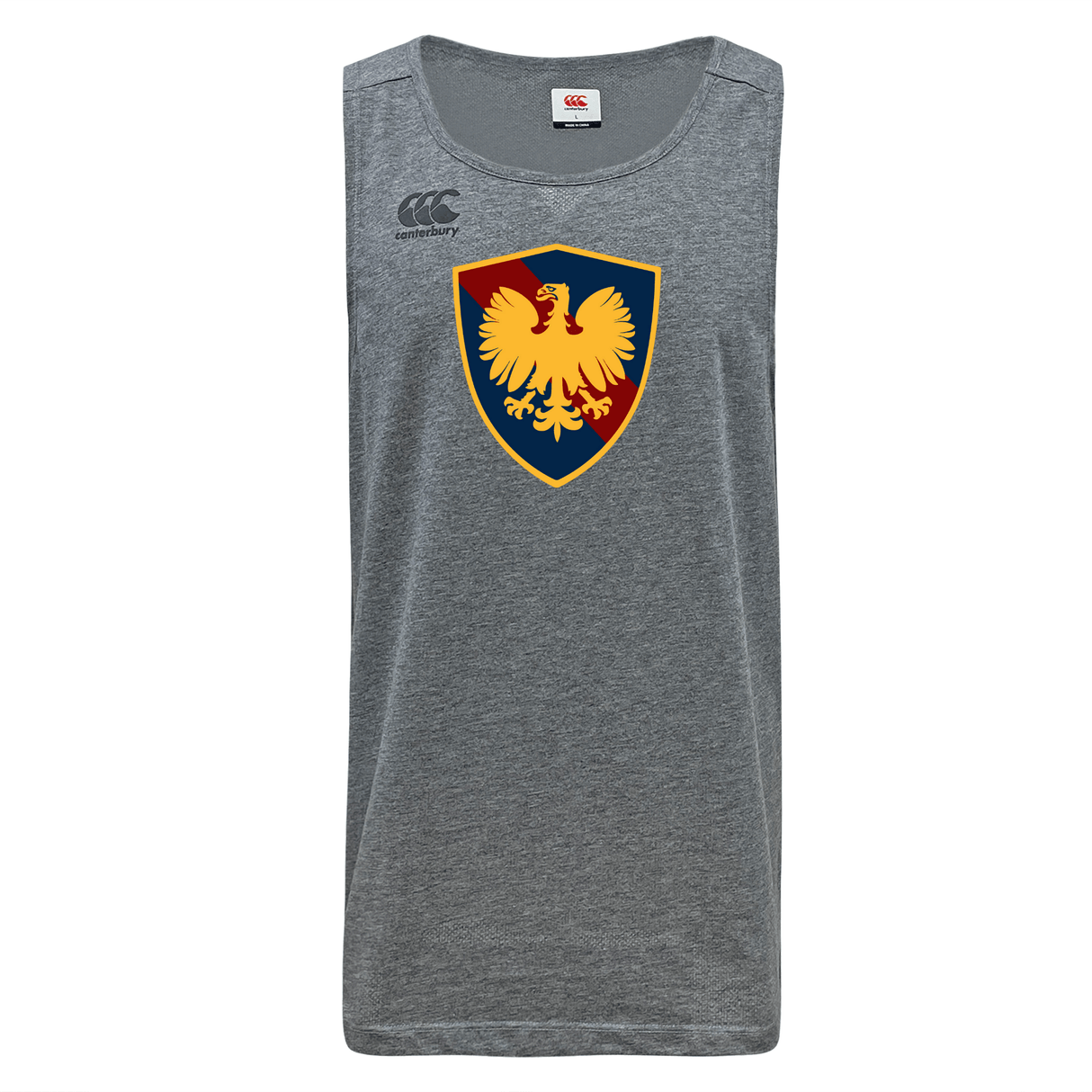 Gray sleeveless Cincinnati Classical Academy Tempo VapoDri Singlet featuring a logo with a golden eagle on a red and blue shield on the chest, and a small WRS Canterbury logo on the upper left.