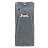 The USA Para Powerlifting Tempo Vapodri Singlet by WRS Canterbury is a gray sleeveless athletic shirt made from recycled polyester, featuring moisture-wicking VapoDri tech and "USA Para Powerlifting" with logo printed on the front.