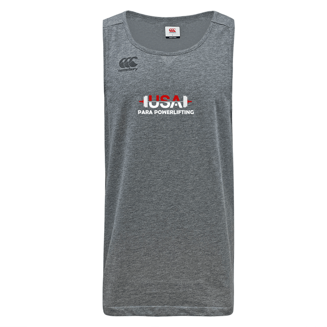 The USA Para Powerlifting Tempo Vapodri Singlet by WRS Canterbury is a gray sleeveless athletic shirt made from recycled polyester, featuring moisture-wicking VapoDri tech and "USA Para Powerlifting" with logo printed on the front.