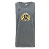 The Old Man Rivah Rugby Tempo Vapodri Singlet by WRS Canterbury is a grey sleeveless tank with the club crest centered and Canterbury logo on the upper left, made from recycled polyester for moisture-wicking comfort.