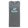 The NC Rugby Academy - Megalodons Tempo Vapodri Singlet by WRS Canterbury is a gray, sleeveless top made from moisture-wicking recycled polyester, featuring a stylized shark and "Megalodons NC Rugby Academy" on the front.