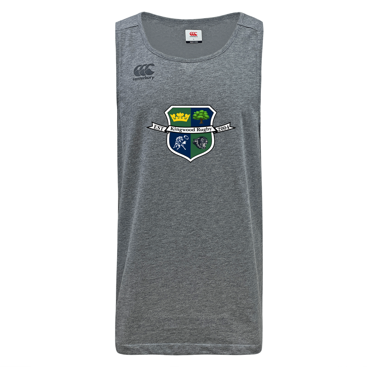 The Kingwood Rugby Tempo Vapodri Singlet by WRS Canterbury features a moisture-wicking recycled polyester build, with the Kingwood Rugby crest and Canterbury logo.