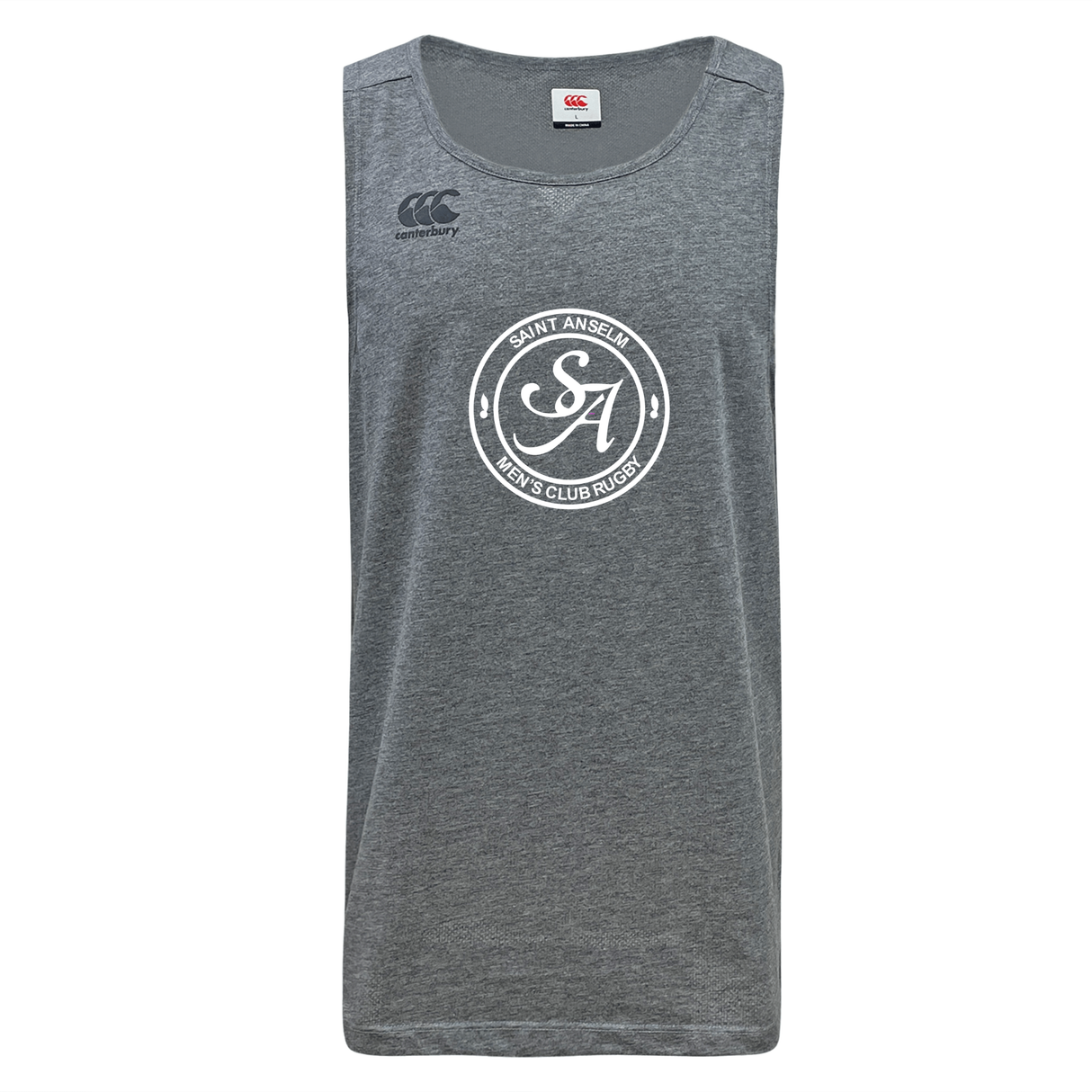 The WRS Canterbury Saint Anselm College Club Rugby Tempo Vapodri Singlet is a gray, sleeveless, moisture-wicking top made from recycled polyester, featuring “Saint Anselm Men's Club Rugby” and the “SA” logo in white on the front.