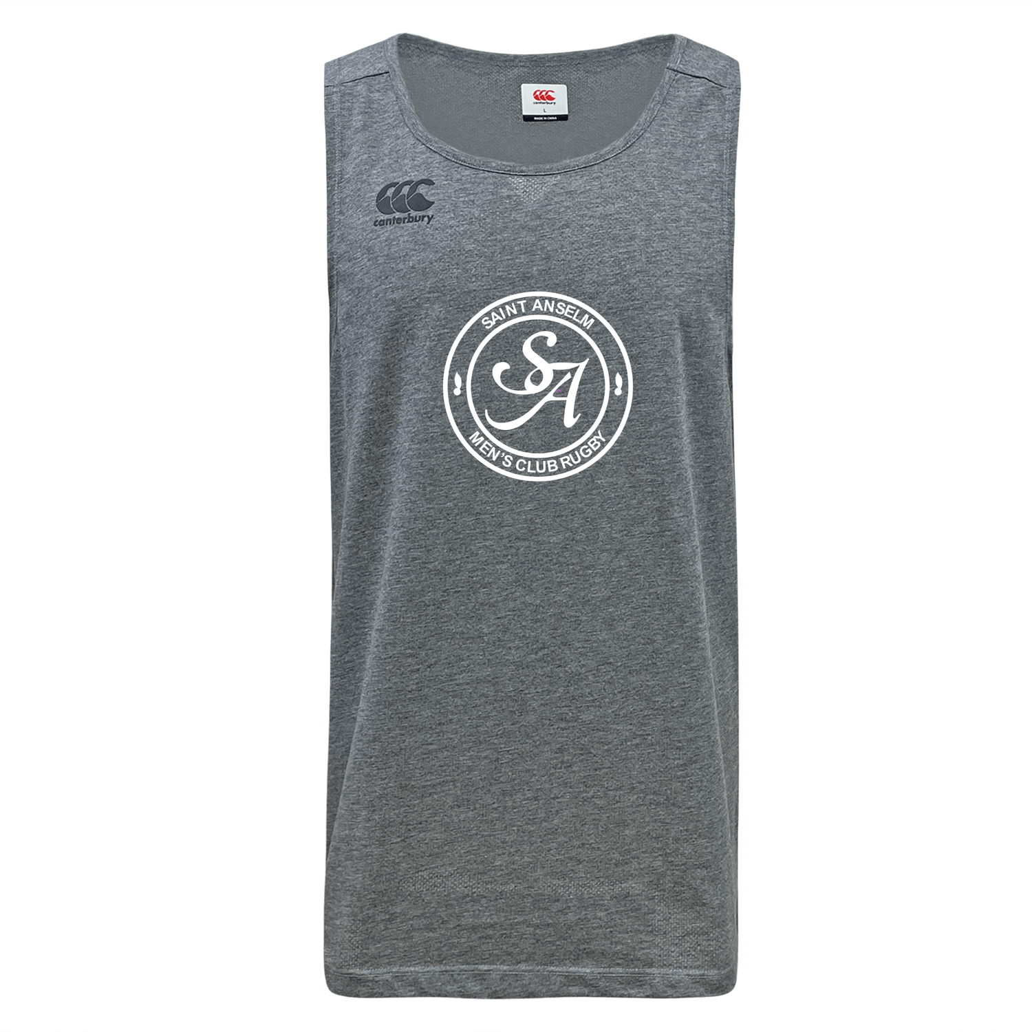 The WRS Canterbury Saint Anselm College Club Rugby Tempo Vapodri Singlet is a gray, sleeveless, moisture-wicking top made from recycled polyester, featuring “Saint Anselm Men's Club Rugby” and the “SA” logo in white on the front.