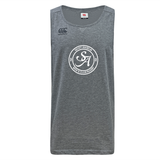 The WRS Canterbury Saint Anselm College Club Rugby Tempo Vapodri Singlet is a gray, sleeveless, moisture-wicking top made from recycled polyester, featuring “Saint Anselm Men's Club Rugby” and the “SA” logo in white on the front.