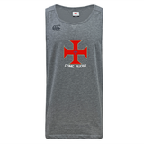 The SF CDME Rugby Tempo Vapodri Singlet by Canterbury is a gray sleeveless rugby jersey made from recycled polyester in the CCC Tempo Singlet style. It features a red cross emblem and "CDME RUGBY" text on the front, along with the Canterbury logo on the left shoulder. Developed by WRS Canterbury, this singlet is enhanced with VapoDri technology for superior moisture management.