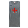 The SF CDME Rugby Tempo Vapodri Singlet by Canterbury is a gray sleeveless rugby jersey made from recycled polyester in the CCC Tempo Singlet style. It features a red cross emblem and "CDME RUGBY" text on the front, along with the Canterbury logo on the left shoulder. Developed by WRS Canterbury, this singlet is enhanced with VapoDri technology for superior moisture management.