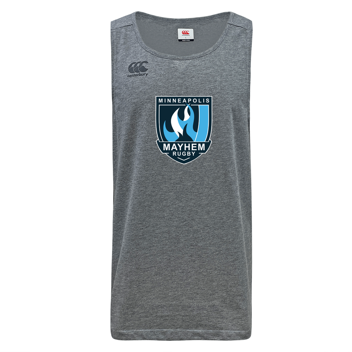 The Minneapolis Mayhem Rugby Tempo Vapodri Singlet by WRS Canterbury is a gray sleeveless athletic shirt made from recycled polyester, featuring both the Minneapolis Mayhem Rugby logo and Canterbury branding on the front. Designed for workout apparel enthusiasts, this singlet combines superior performance with sustainability.