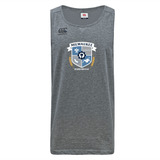 The Milwaukee Barbarians Rugby Tempo Vapodri Singlet by WRS Canterbury is a gray sleeveless shirt made from moisture-wicking recycled polyester, featuring the team's crest logo in white, blue, and gold on the chest.