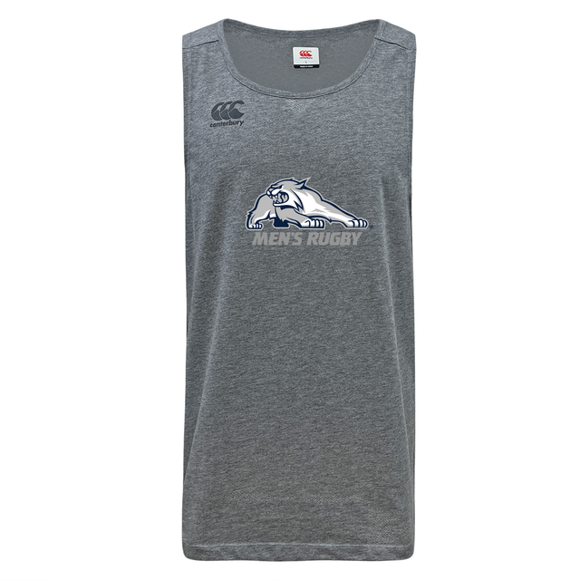 Grey VapoDri University of New Hampshire Tempo Vapodri Singlet by Canterbury featuring a crouching wildcat logo and the text “MEN’S RUGBY” on recycled polyester.