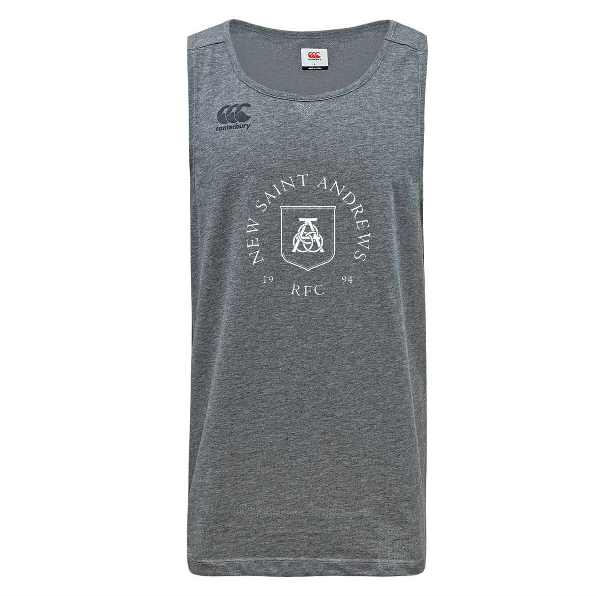 The New Saint Andrews College Tempo Vapodri Singlet by WRS Canterbury is a gray sleeveless athletic shirt made from recycled polyester, featuring “New Saint Andrews RFC 1994” and a shield logo printed in white on the front. Styled like the CCC Tempo Singlet, it incorporates VapoDri technology for superior moisture management.