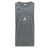 The New Saint Andrews College Tempo Vapodri Singlet by WRS Canterbury is a gray sleeveless athletic shirt made from recycled polyester, featuring “New Saint Andrews RFC 1994” and a shield logo printed in white on the front. Styled like the CCC Tempo Singlet, it incorporates VapoDri technology for superior moisture management.
